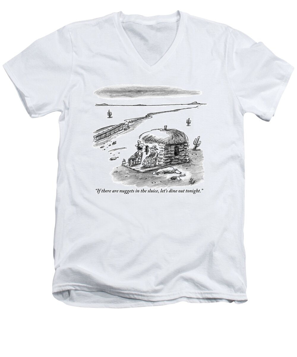 Farmers Men's V-Neck T-Shirt featuring the drawing Two Farmers Sit Outside Their Hut Staring by Frank Cotham