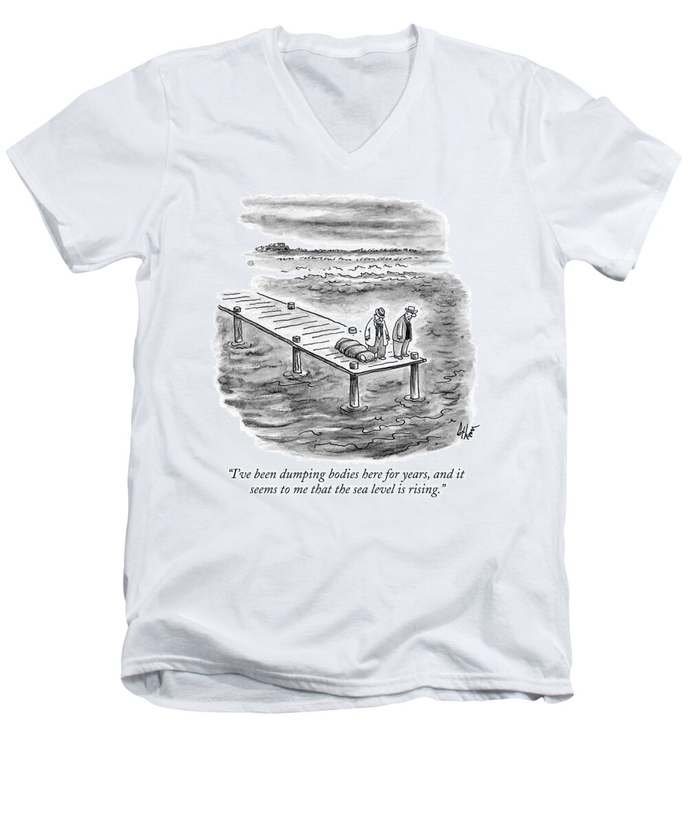 Global Warming Men's V-Neck T-Shirt featuring the drawing Two Gangsters With A Body In A Tarpaulin Stand by Frank Cotham