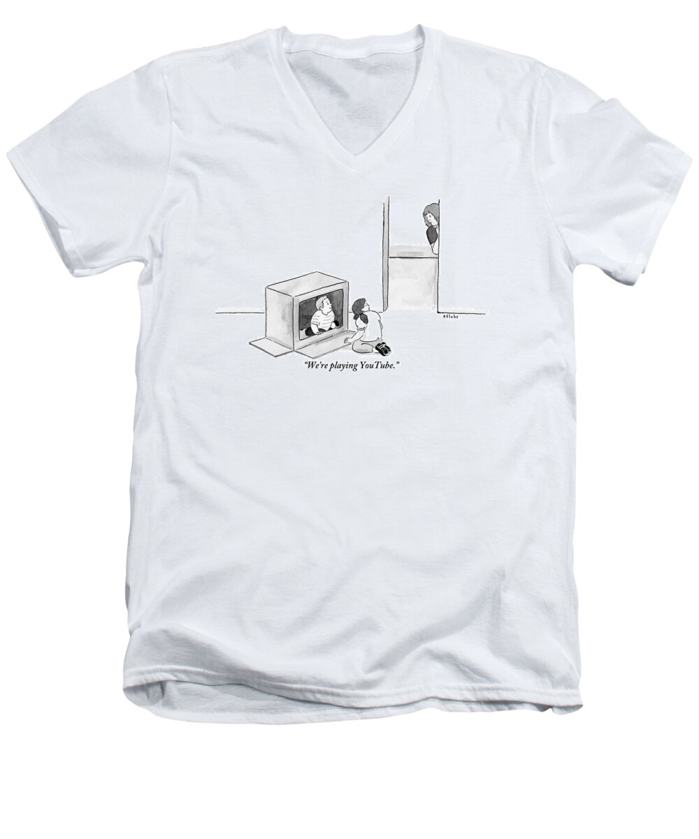 Internet Men's V-Neck T-Shirt featuring the drawing Two Kids Playing With A Cardboard Box by Emily Flake