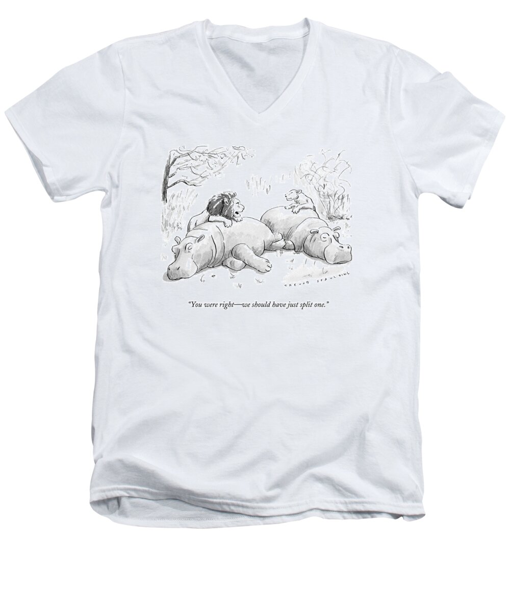 Lion Men's V-Neck T-Shirt featuring the drawing Two Lions Prepare To Dine On Two Hippopotami by Trevor Spaulding