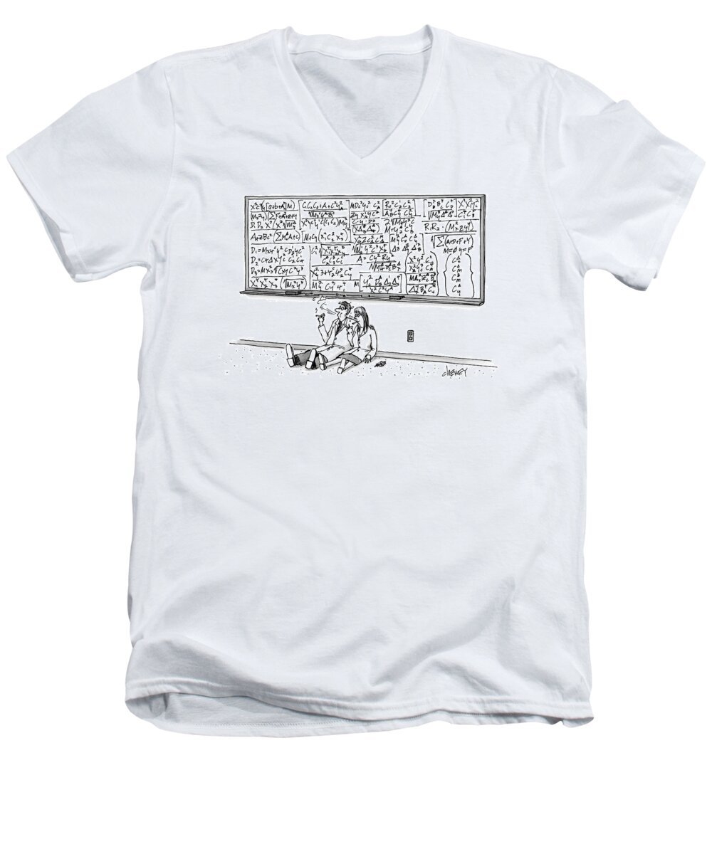 Math Men's V-Neck T-Shirt featuring the drawing Two Mathematicians Sitting Beneath A Giant by Tom Cheney