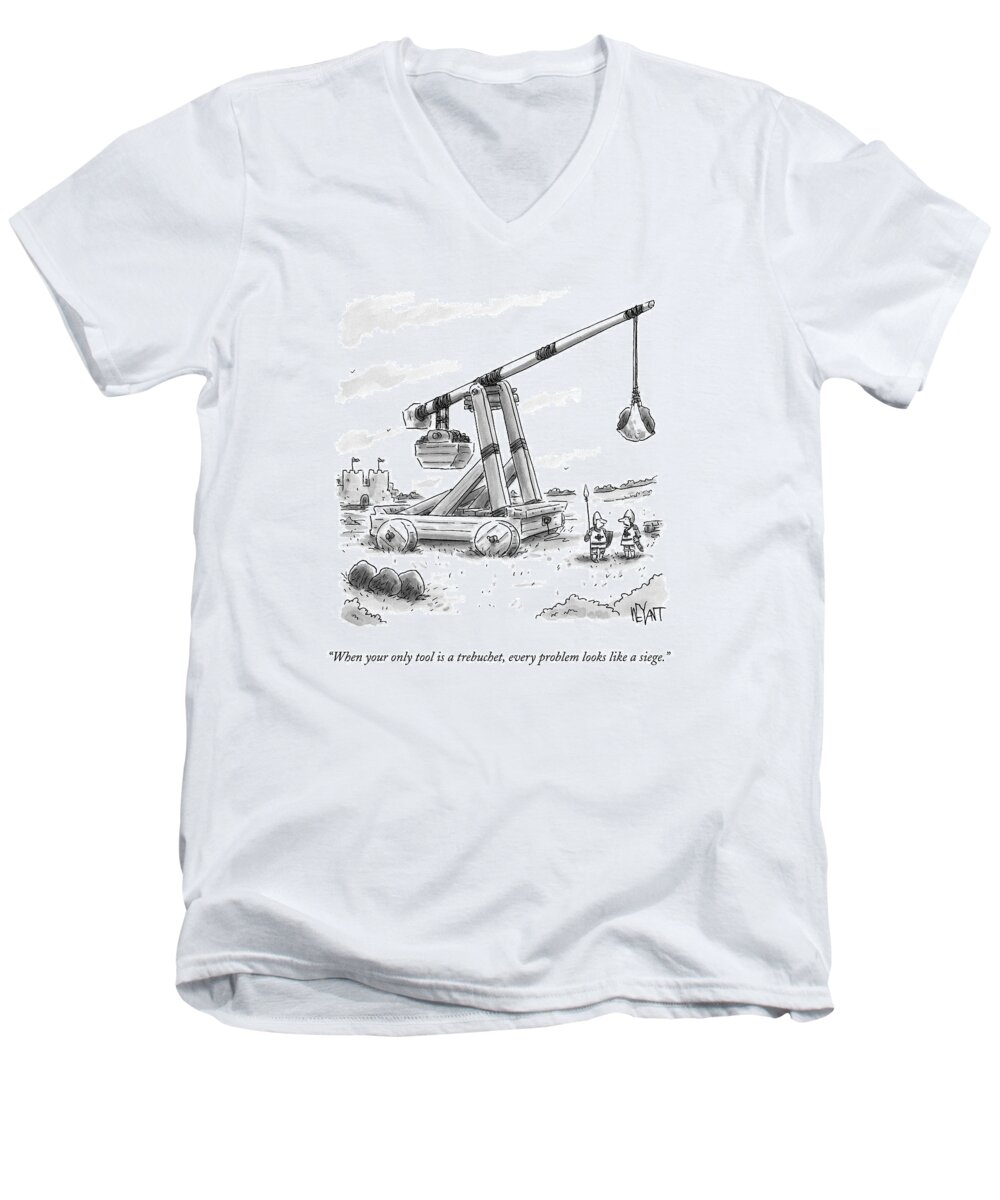 Trebuchet Men's V-Neck T-Shirt featuring the drawing Two Medieval Soldiers Stand By Their Catapult by Christopher Weyant