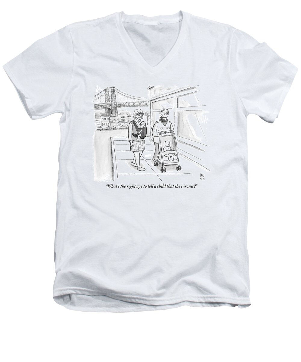 Gays-homosexuals Men's V-Neck T-Shirt featuring the drawing Two Men Are Wearing Ironic Clothes And Walking by Paul Noth