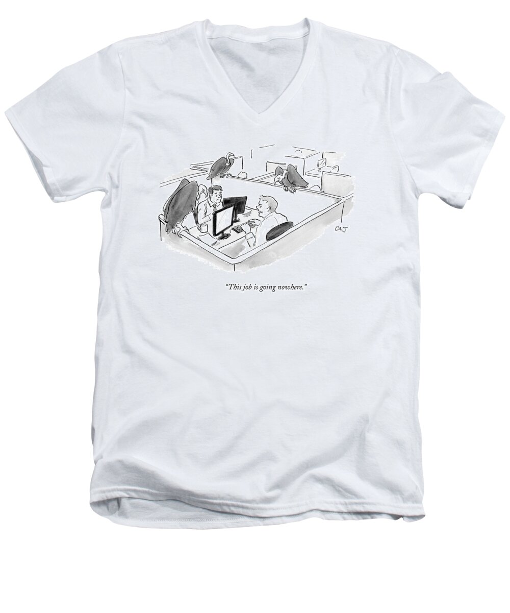 Vultures Men's V-Neck T-Shirt featuring the drawing Two Men In A Small Cubicle Speak To Each Other by Carolita Johnson