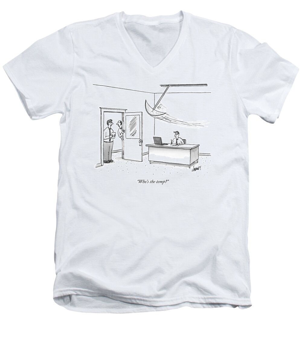 Office Men's V-Neck T-Shirt featuring the drawing Two Men Look In On A Man Working In His Office by Tom Cheney