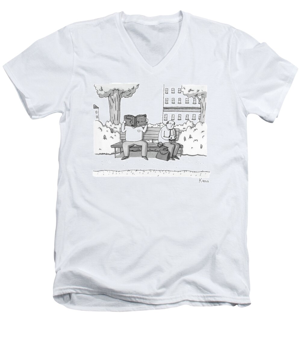 Captionless Men's V-Neck T-Shirt featuring the drawing Two Men On A Bench. One Is Eating A Sandwich by Zachary Kanin