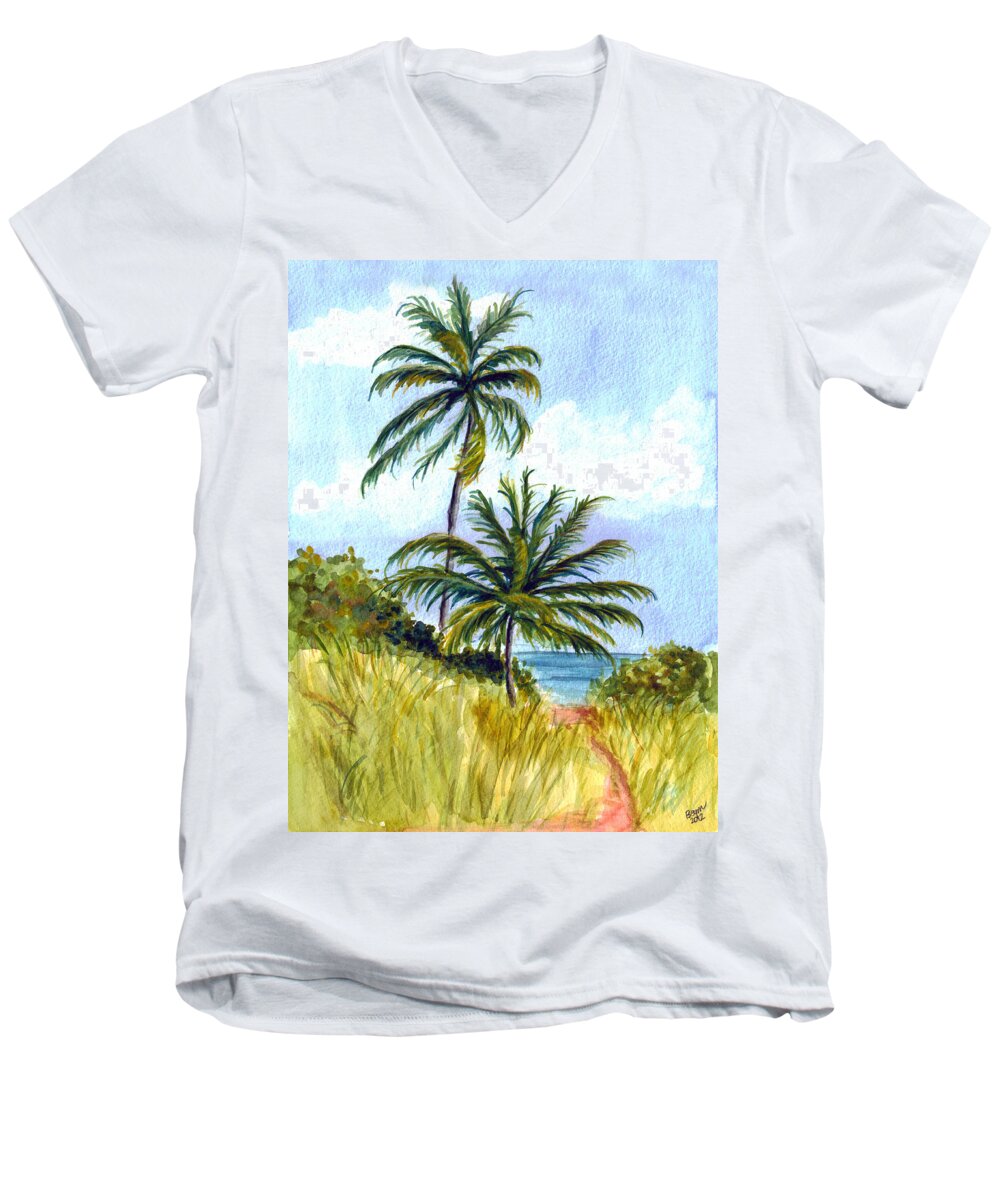 Palm Trees Men's V-Neck T-Shirt featuring the painting Two Palms by Clara Sue Beym