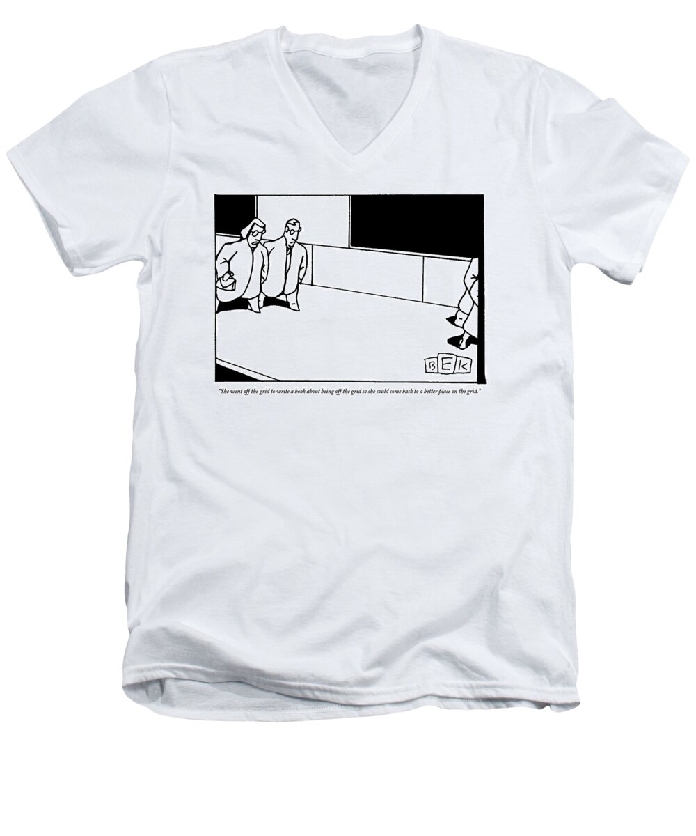 Writers Men's V-Neck T-Shirt featuring the drawing Two People Are Seen Walking Down The Street by Bruce Eric Kaplan