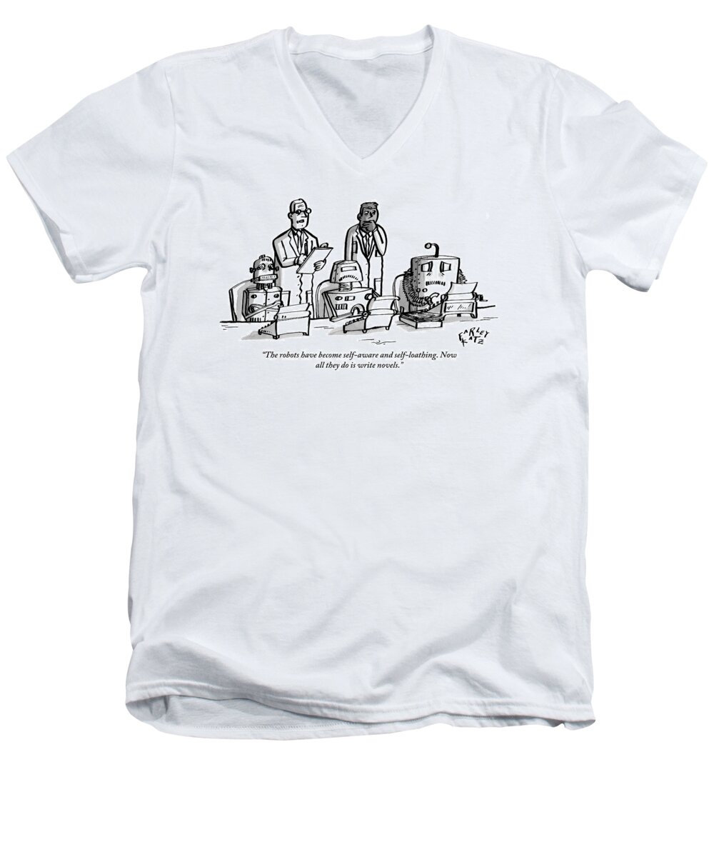 Scientists Men's V-Neck T-Shirt featuring the drawing Two Scientists Stand Over Three Robots Who by Farley Katz