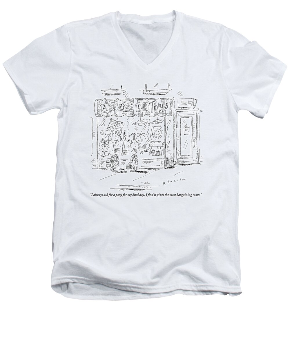 Toys Men's V-Neck T-Shirt featuring the drawing Two Small Boys Stand In Front Of A Toy Store by Barbara Smaller