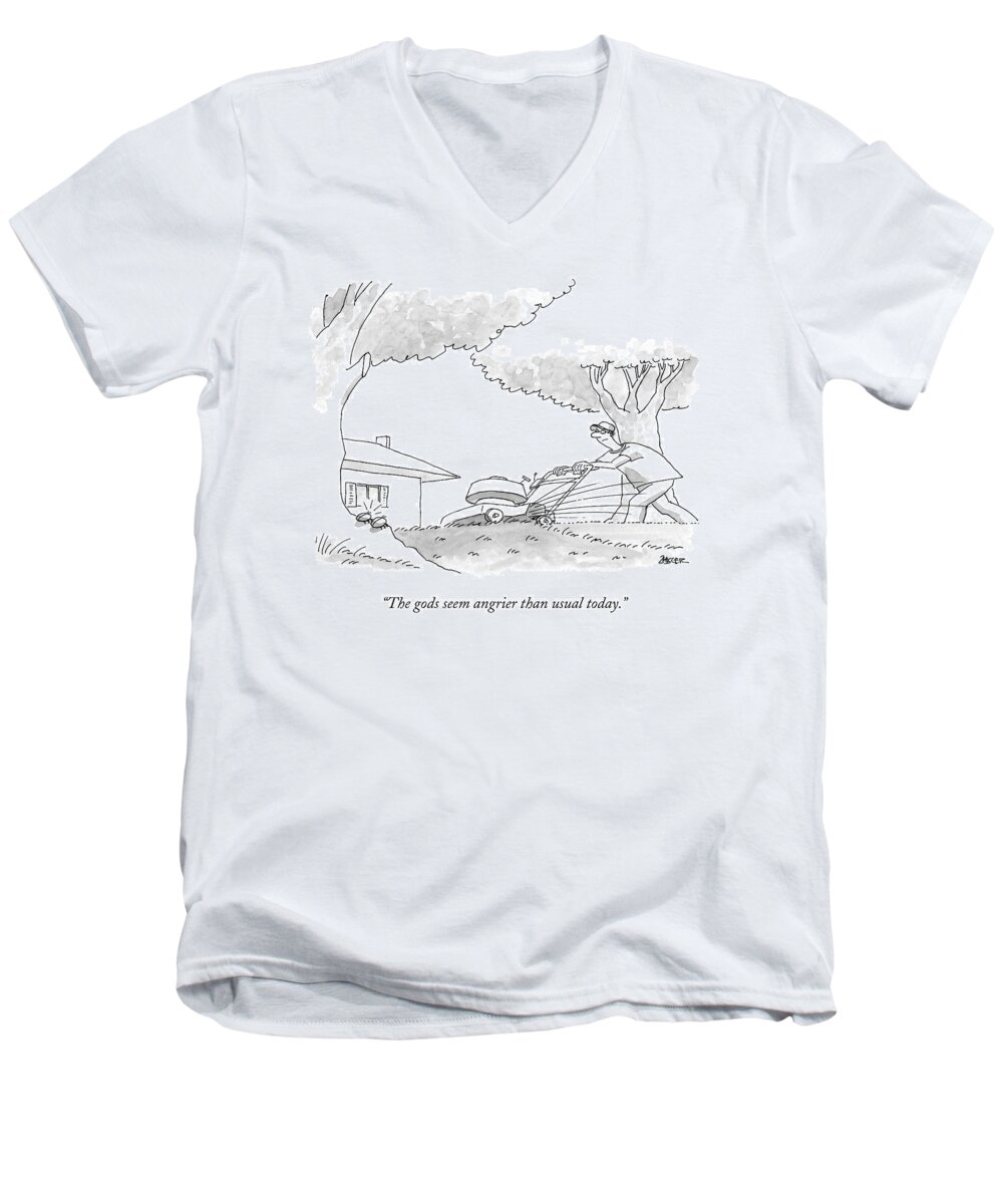 Bugs Men's V-Neck T-Shirt featuring the drawing Two Small Bugs Are Talking About A Lawn Mower by Jack Ziegler