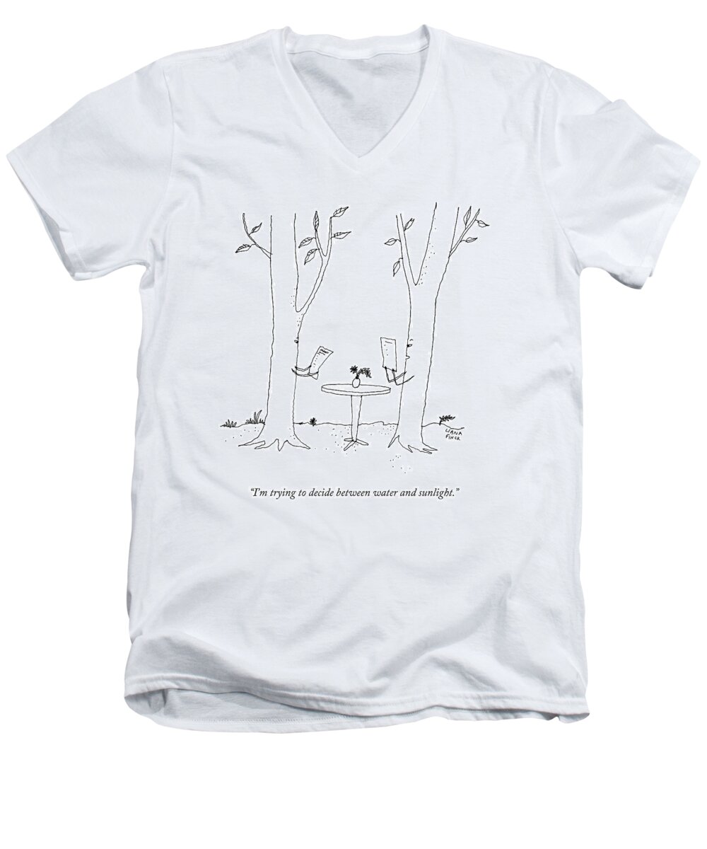 Trees Men's V-Neck T-Shirt featuring the drawing Two Trees Look At Restaurant Menus by Liana Finck