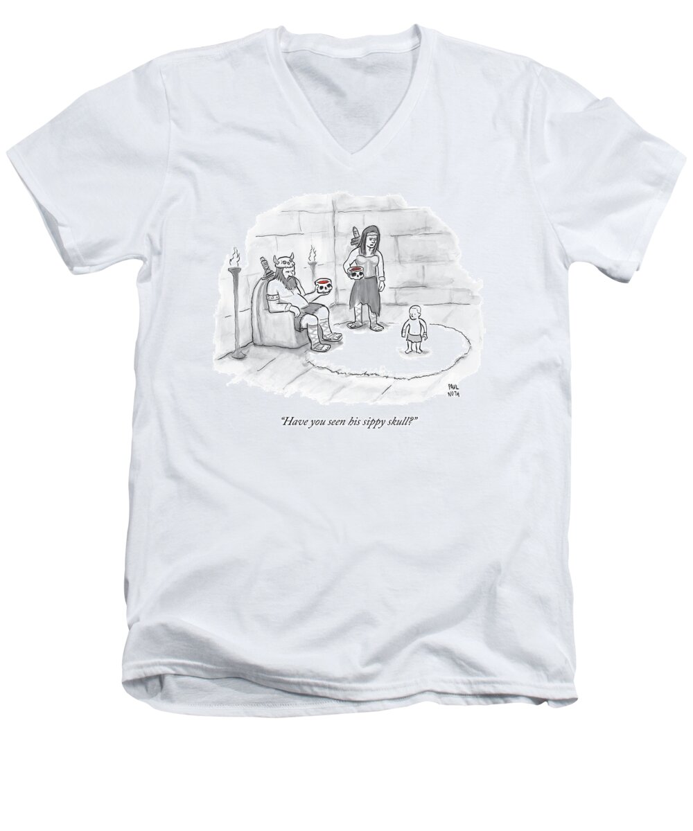 Parenting Men's V-Neck T-Shirt featuring the drawing Two Viking Parents Address Their Child by Paul Noth