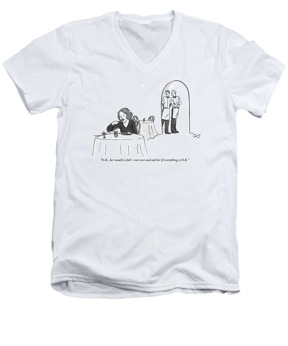 Waiters Men's V-Neck T-Shirt featuring the drawing Two Waiters Watch A Woman Eat At A Restaurant by Carolita Johnson
