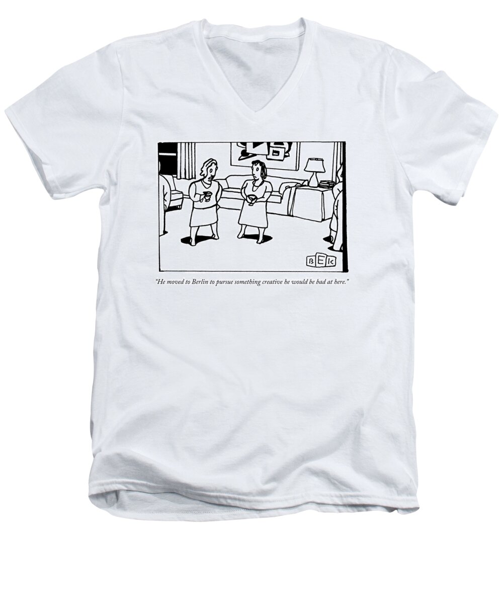 Berlin Men's V-Neck T-Shirt featuring the drawing Two Women Chat At A Cocktail Party by Bruce Eric Kaplan
