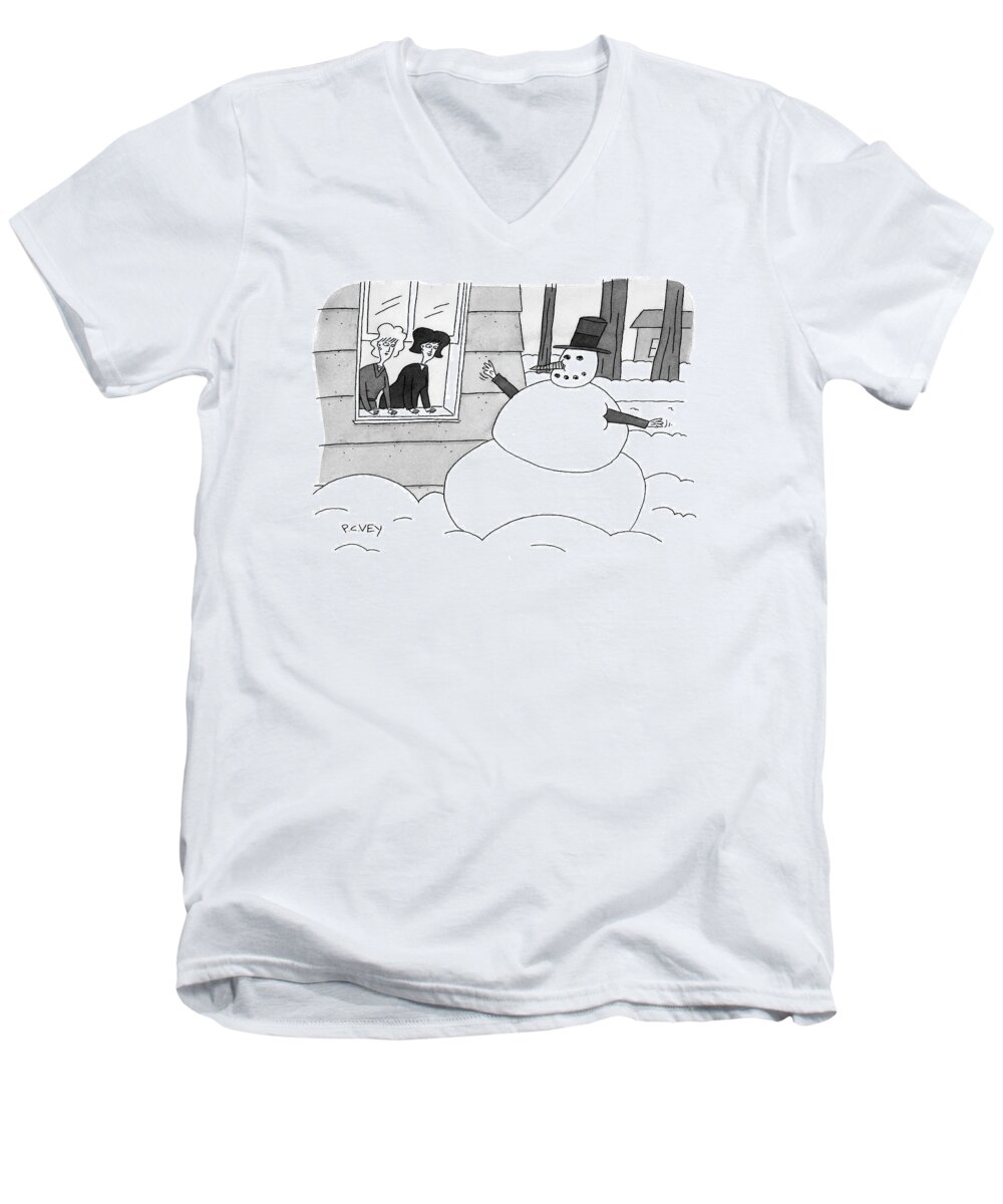 Snowman Men's V-Neck T-Shirt featuring the drawing Two Women Look Out Of Window To See A Snowman by Peter C. Vey