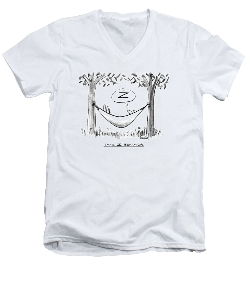 No Caption
Type Z Behavior.title.man :lies Asleep In Hammock.bubble Appears Over His Face Reading Men's V-Neck T-Shirt featuring the drawing Type Z Behavior by Donald Reilly