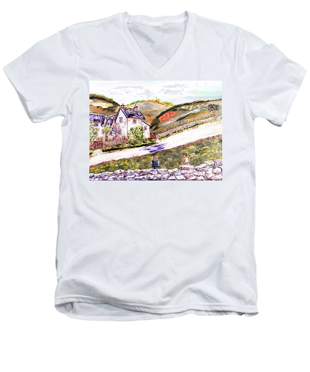 Drawing Men's V-Neck T-Shirt featuring the painting An afternoon in June #1 by Loredana Messina