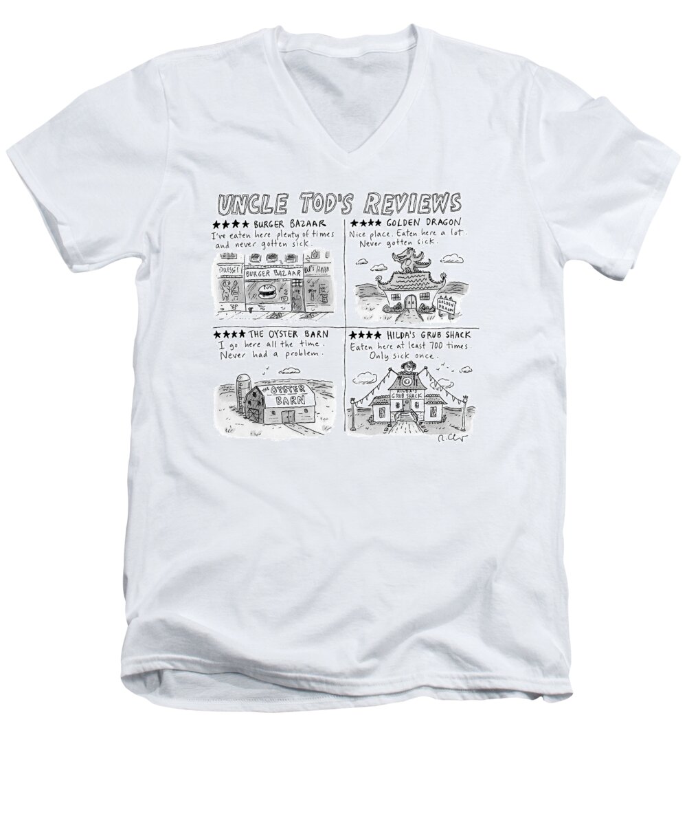 Captionless Men's V-Neck T-Shirt featuring the drawing Uncle Tod's Reviews by Roz Chast
