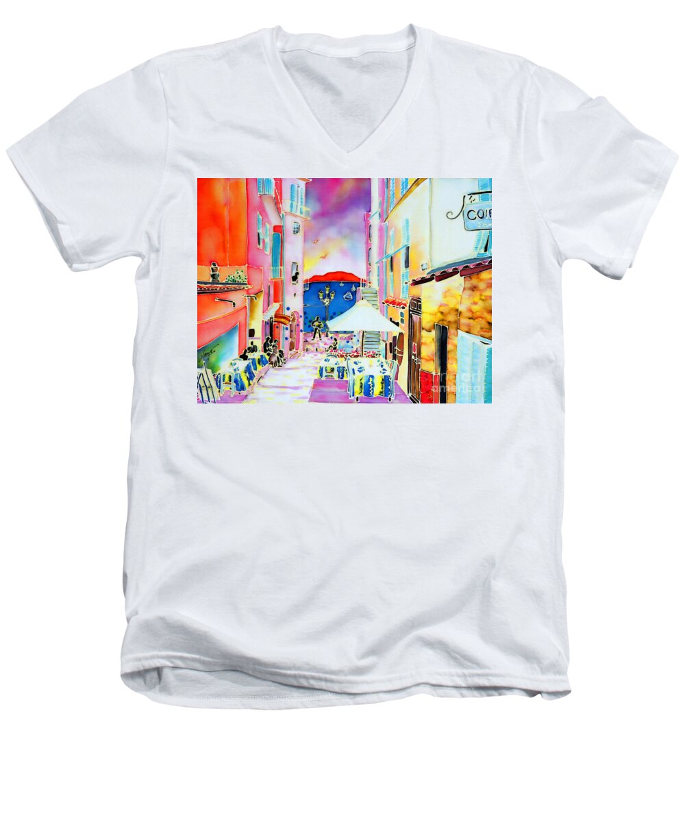 South France Men's V-Neck T-Shirt featuring the painting Villefranche by Hisayo OHTA