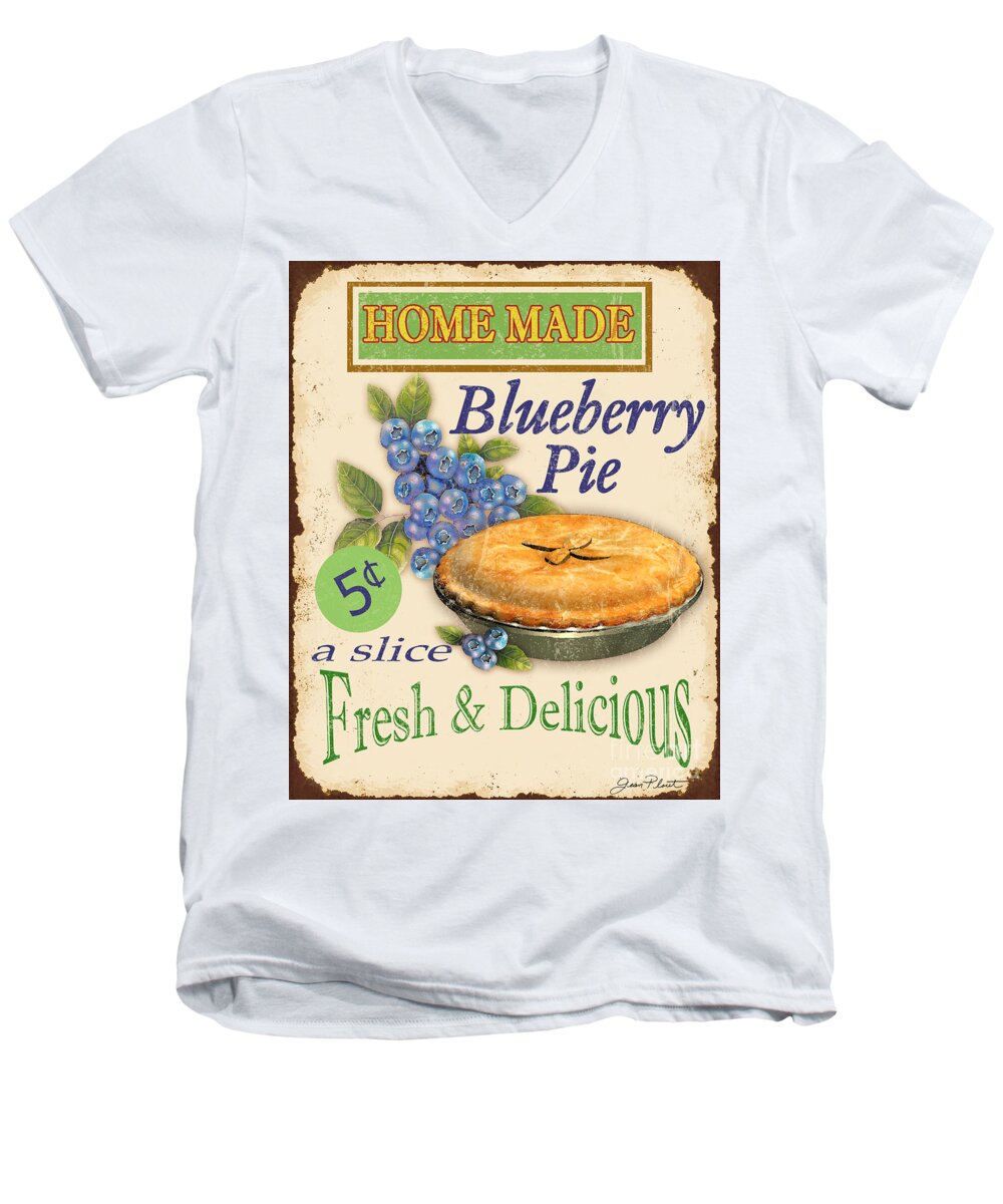 Jean Plout Men's V-Neck T-Shirt featuring the digital art Vintage Blueberry Pie Sign by Jean Plout