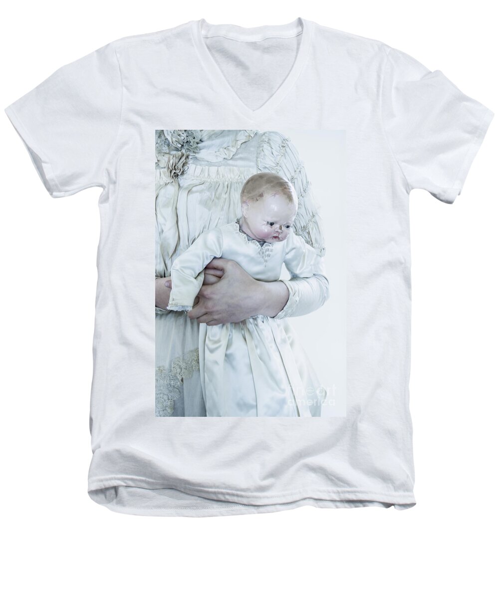 Caucasian; Female; Woman; Lady; Young Woman; Vintage; Dress; Victorian; Prim; Proper; Feminine; Beautiful; Pretty; Lovely; Indoors; Inside; Ornate; Cream; Doll; Baby; Toy; Broken; Arm; Feet; Boots; Antique; Cracked; Wood; Wooden; Porcelain; Hold; Holding Men's V-Neck T-Shirt featuring the photograph Vintage Love by Margie Hurwich