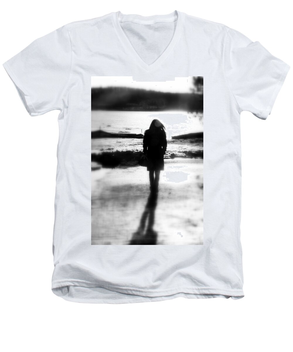 Woman Men's V-Neck T-Shirt featuring the photograph Walking Alone by Valentino Visentini