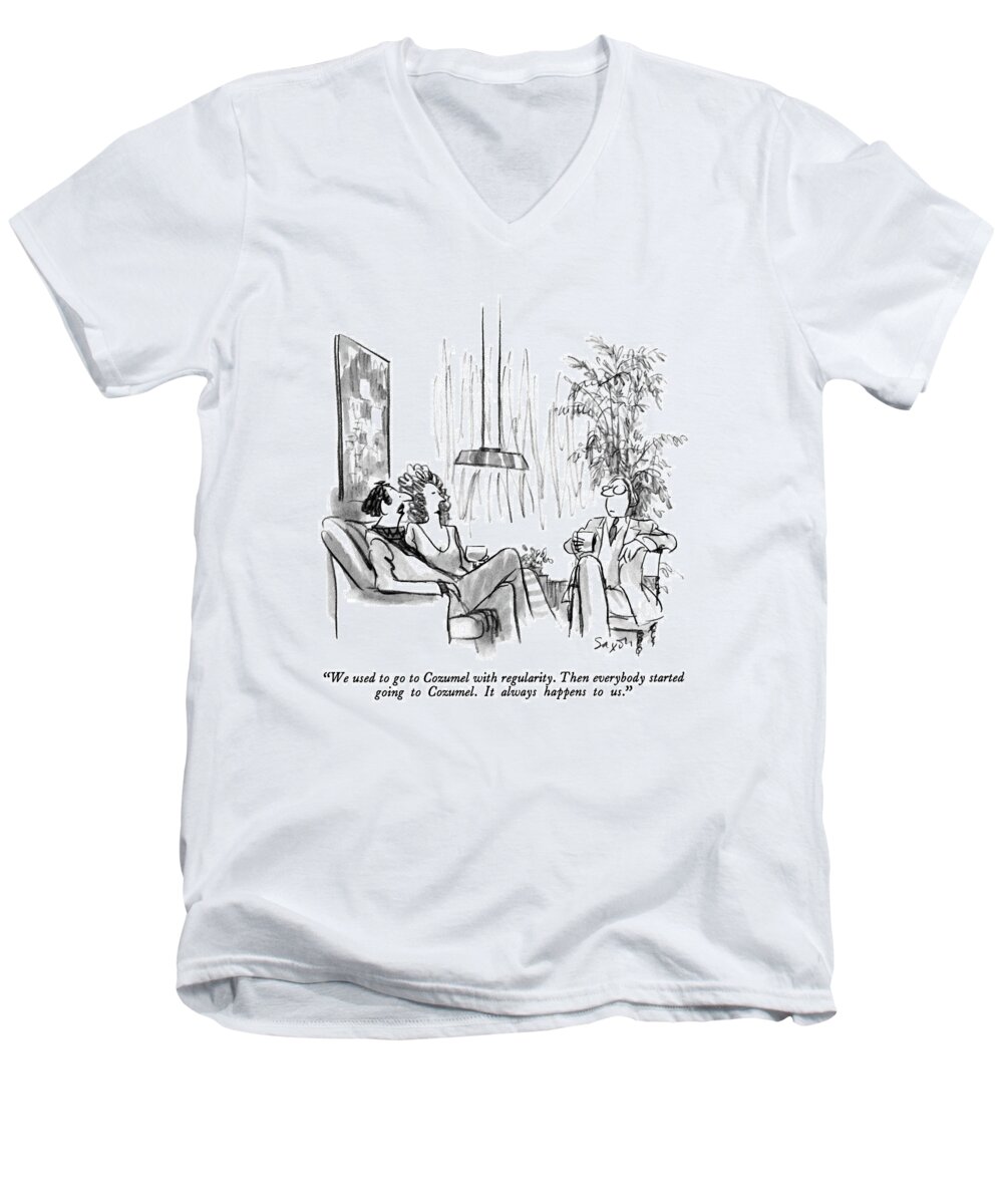 Travel Men's V-Neck T-Shirt featuring the drawing We Used To Go To Cozumel With Regularity by Charles Saxon