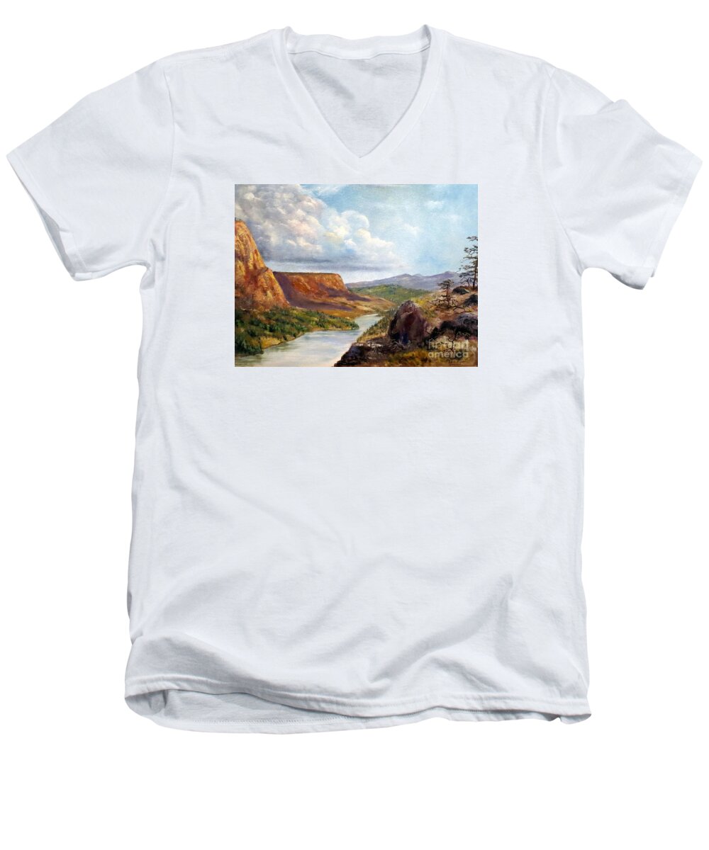 Western Art Men's V-Neck T-Shirt featuring the painting Western River Canyon by Lee Piper
