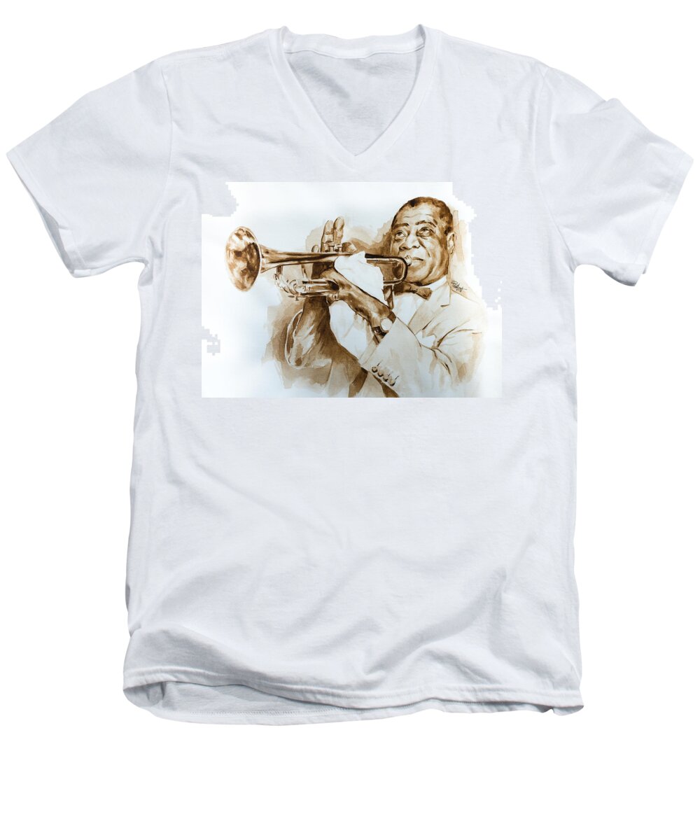 Louis Armstrong Men's V-Neck T-Shirt featuring the painting When you're smilling by Laur Iduc