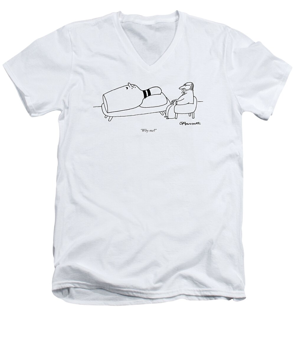 Bowling - General Men's V-Neck T-Shirt featuring the drawing Why Me? by Charles Barsotti