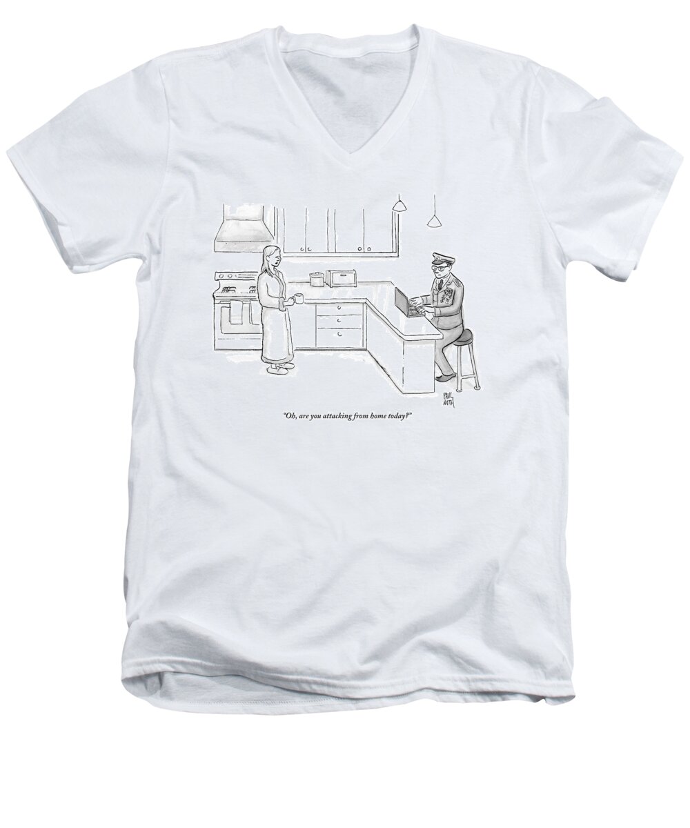 
Husbands Men's V-Neck T-Shirt featuring the drawing Wife In Robe Speaks To Husband Who Is Dressed by Paul Noth