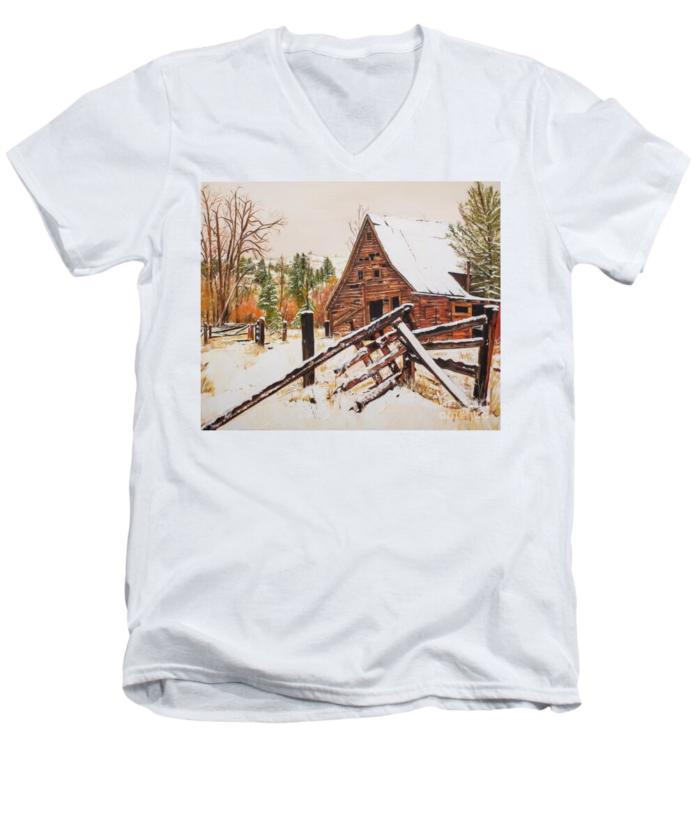 Winter Men's V-Neck T-Shirt featuring the painting Winter - Barn - Snow in Nevada by Jan Dappen