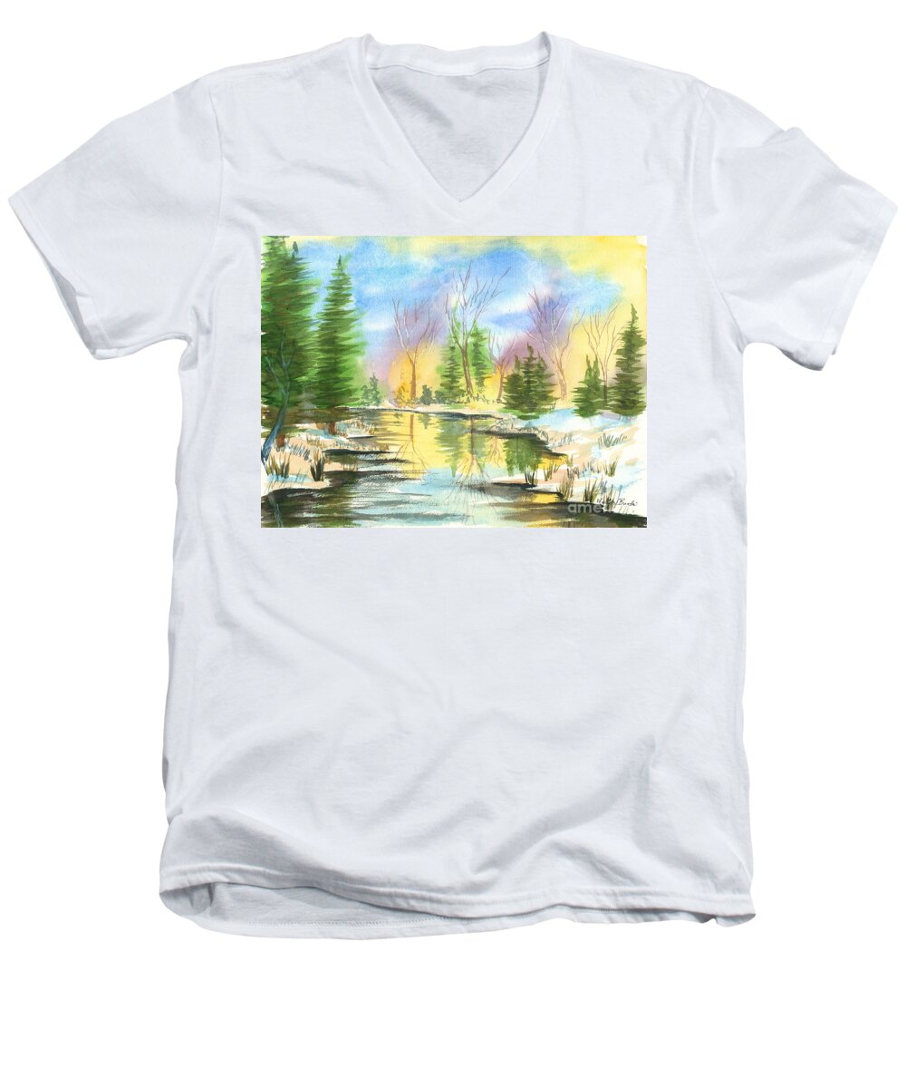 Stream Men's V-Neck T-Shirt featuring the painting Winter Stillness by Walt Brodis
