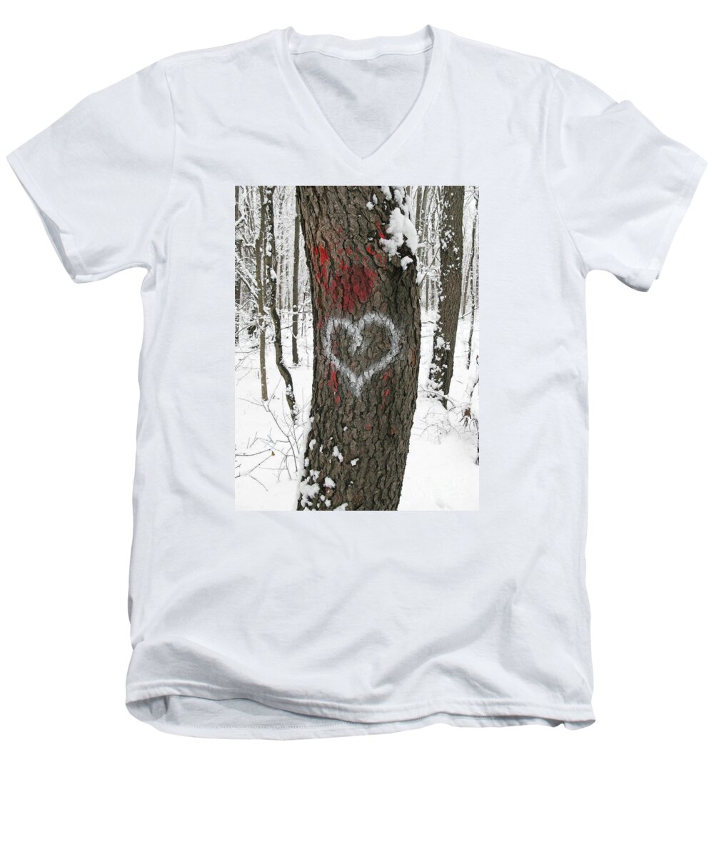 Heart Men's V-Neck T-Shirt featuring the photograph Winter Woods Romance by Ann Horn