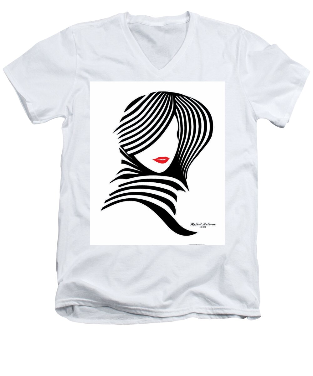 Black And White Men's V-Neck T-Shirt featuring the digital art Woman Chic in Black and White by Rafael Salazar
