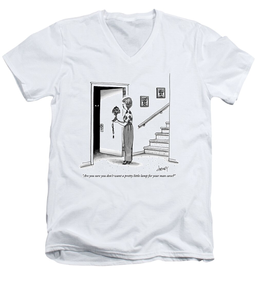 Man Cave Men's V-Neck T-Shirt featuring the drawing Woman Holding Lamp Stands At Dark Bedroom Doorway by Tom Cheney
