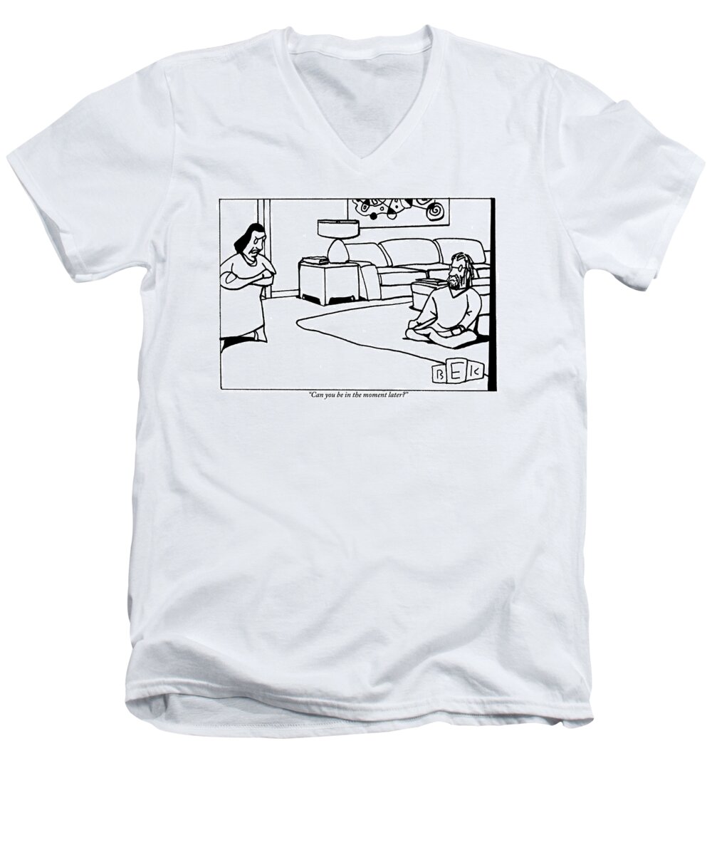 Yoga Men's V-Neck T-Shirt featuring the drawing Woman In A Living Room With Her Arms Crossed by Bruce Eric Kaplan