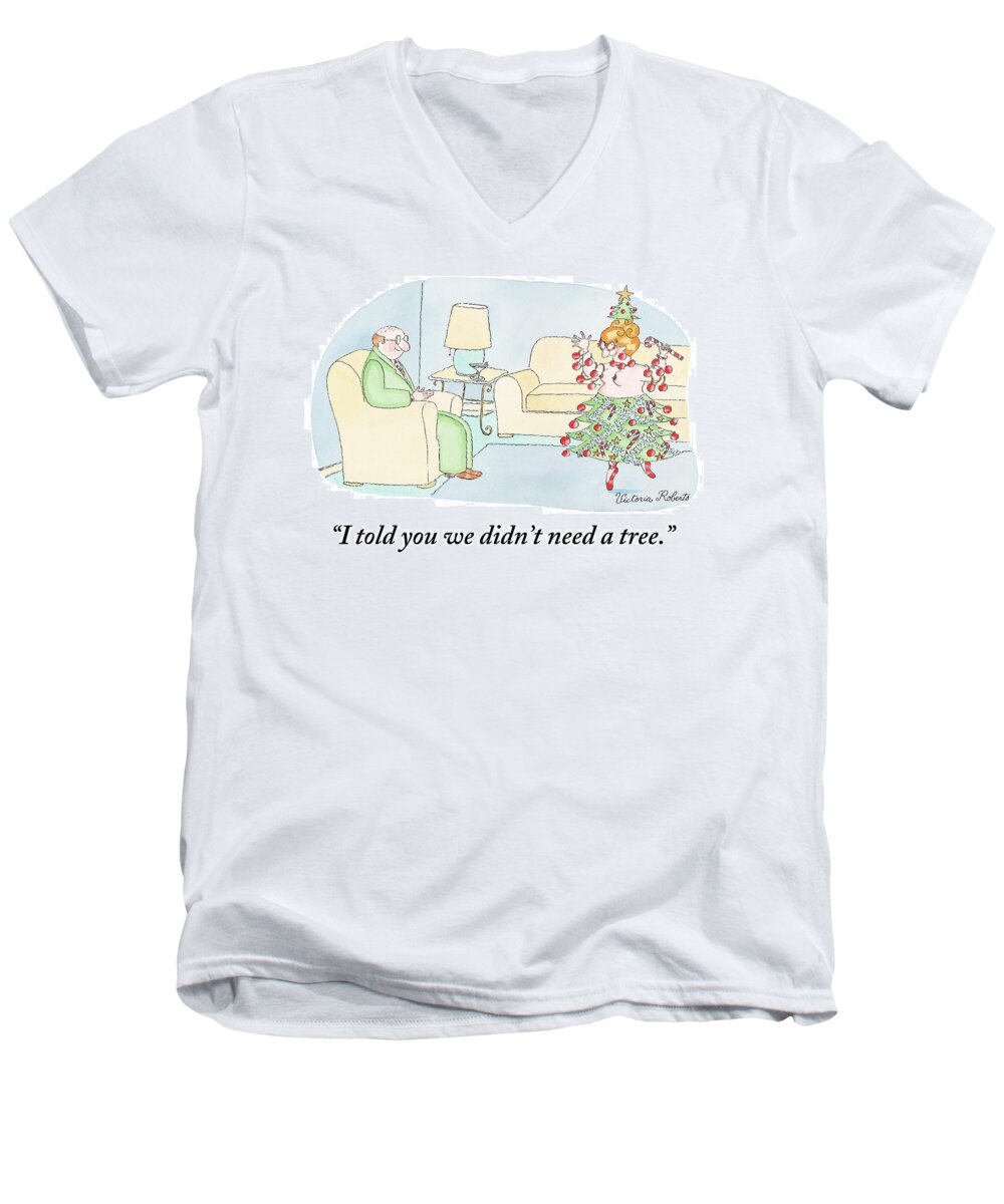 A7151 Husband Men's V-Neck T-Shirt featuring the drawing Woman Is Dressed As A Christmas Tree by Victoria Roberts