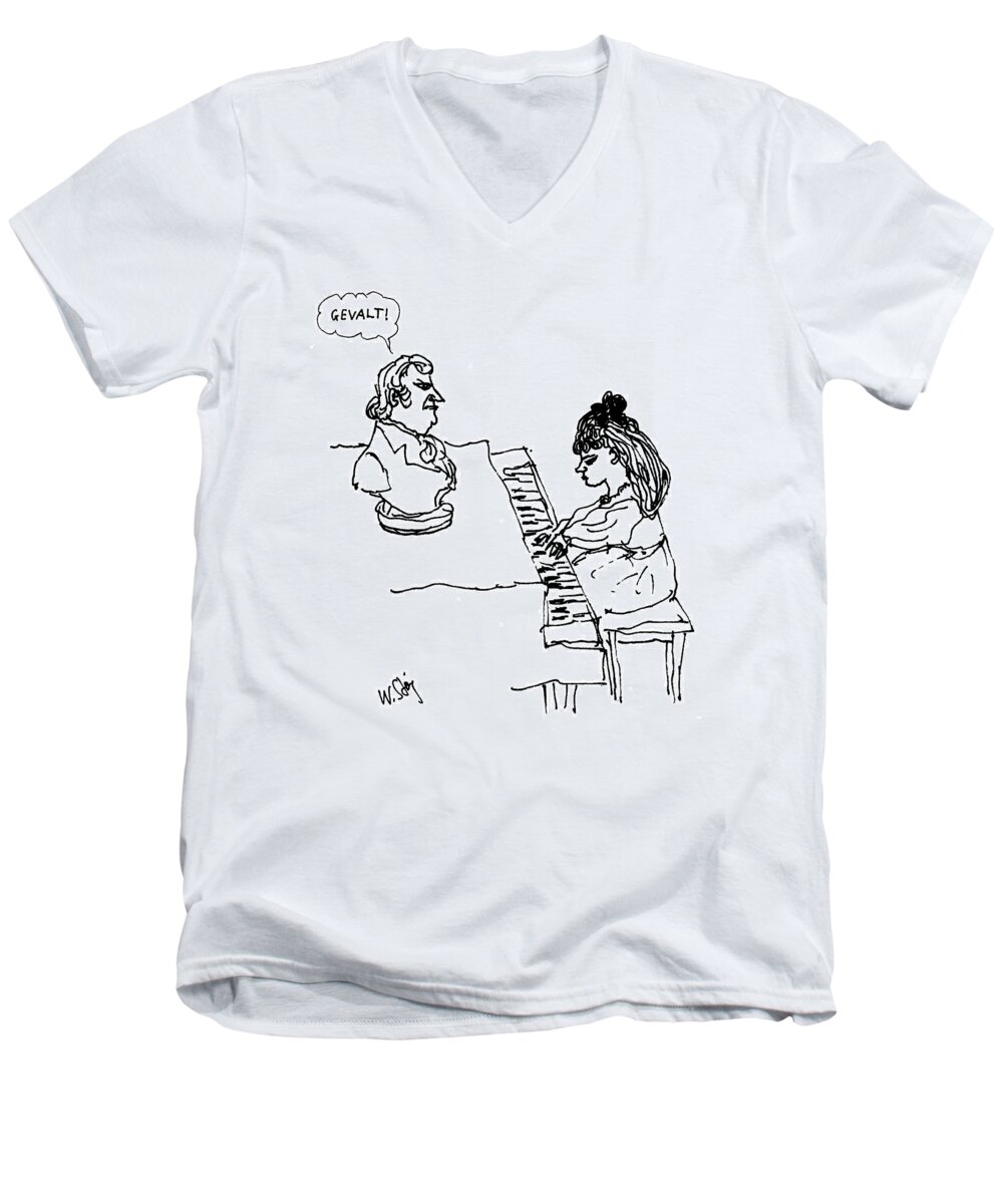 (young Girl Plays Piano As Bust Of Beethoven Says Men's V-Neck T-Shirt featuring the drawing Woman Playing Piano by William Steig