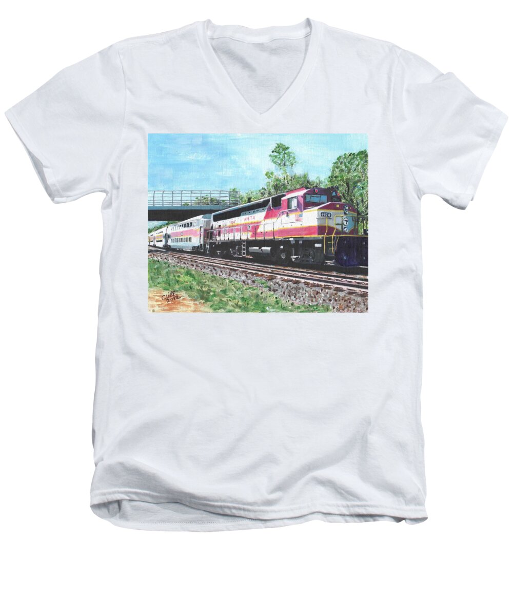 Mbta Men's V-Neck T-Shirt featuring the painting Worcester Bound T Train by Cliff Wilson