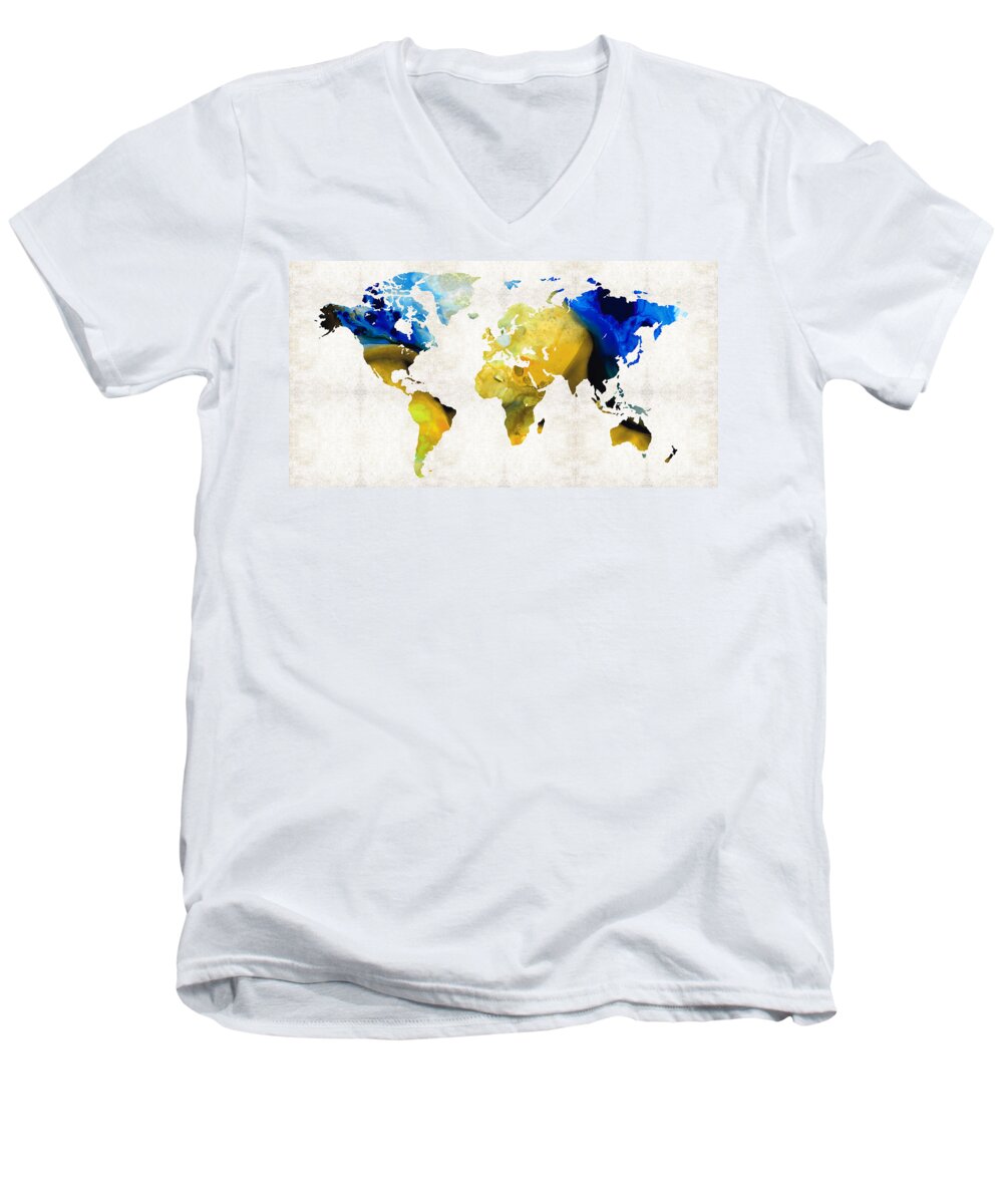 World Map Men's V-Neck T-Shirt featuring the painting World Map 16 - Yellow And Blue Art By Sharon Cummings by Sharon Cummings