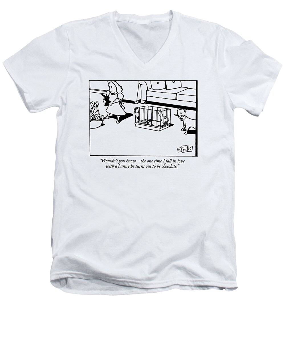 

 Rabbit Men's V-Neck T-Shirt featuring the drawing Wouldn't You Know - The One Time I Fall In Love by Bruce Eric Kaplan
