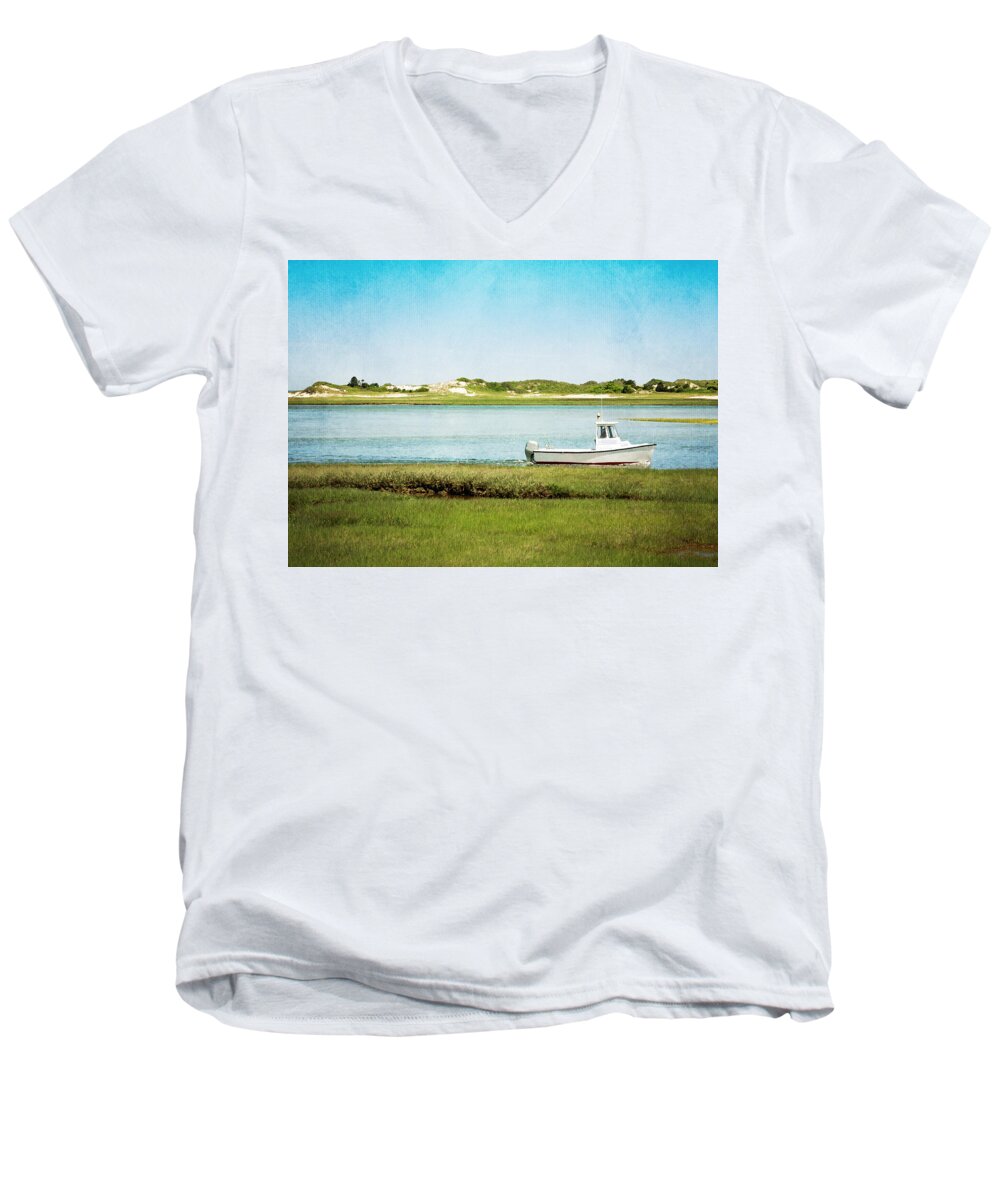 Cape Cod Men's V-Neck T-Shirt featuring the photograph Yarmouth Port Fishing Boat in Green and Blue by Brooke T Ryan