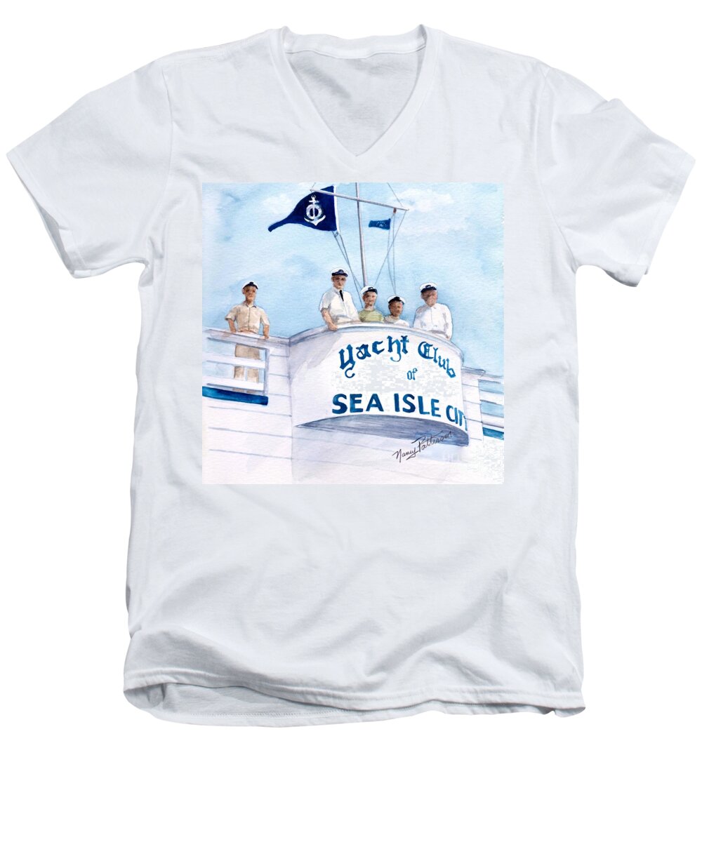 Yacht Club Sea Isle City Men's V-Neck T-Shirt featuring the painting YCSIC Race Committee 2 by Nancy Patterson