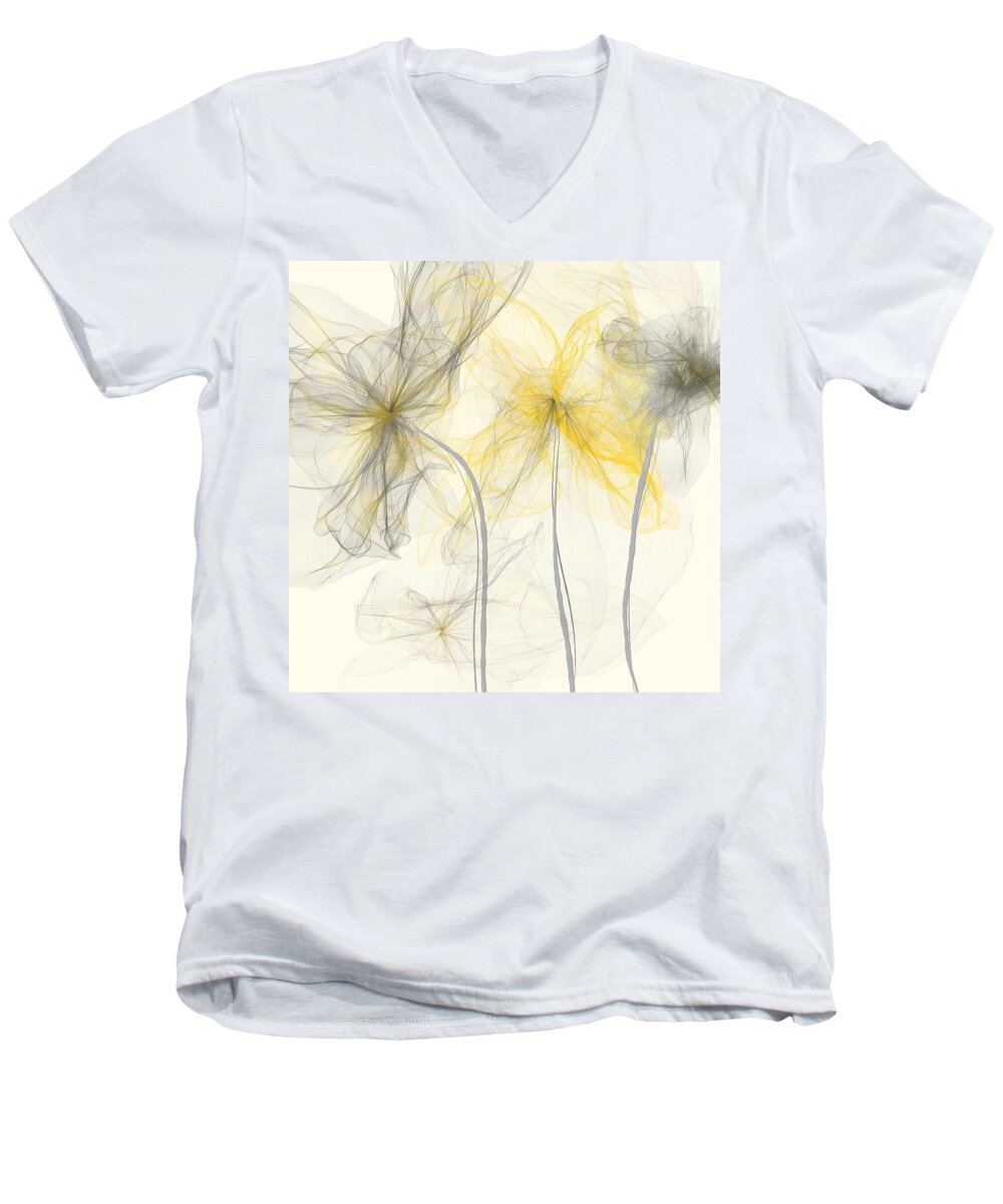 Yellow Men's V-Neck T-Shirt featuring the painting Yellow And Gray Flowers Impressionist by Lourry Legarde