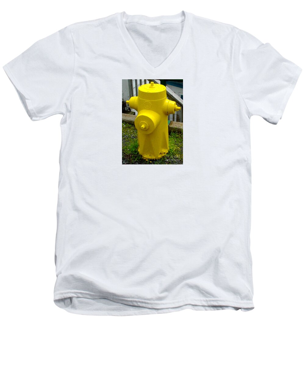 Street Art Men's V-Neck T-Shirt featuring the mixed media Yellow Hydrant by Art MacKay