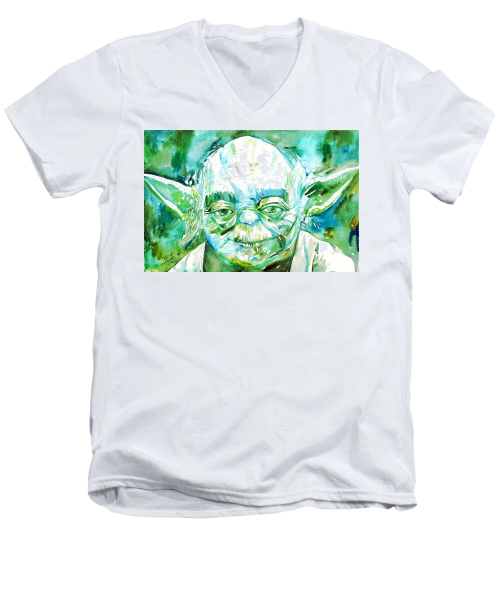 Yoda Men's V-Neck T-Shirt featuring the painting Yoda Watercolor Portrait by Fabrizio Cassetta