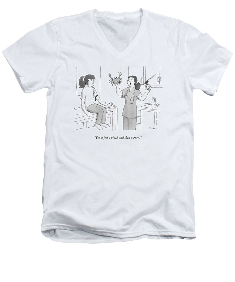 Crab Men's V-Neck T-Shirt featuring the drawing You'll Feel A Pinch And Then A Burn by Charlie Hankin