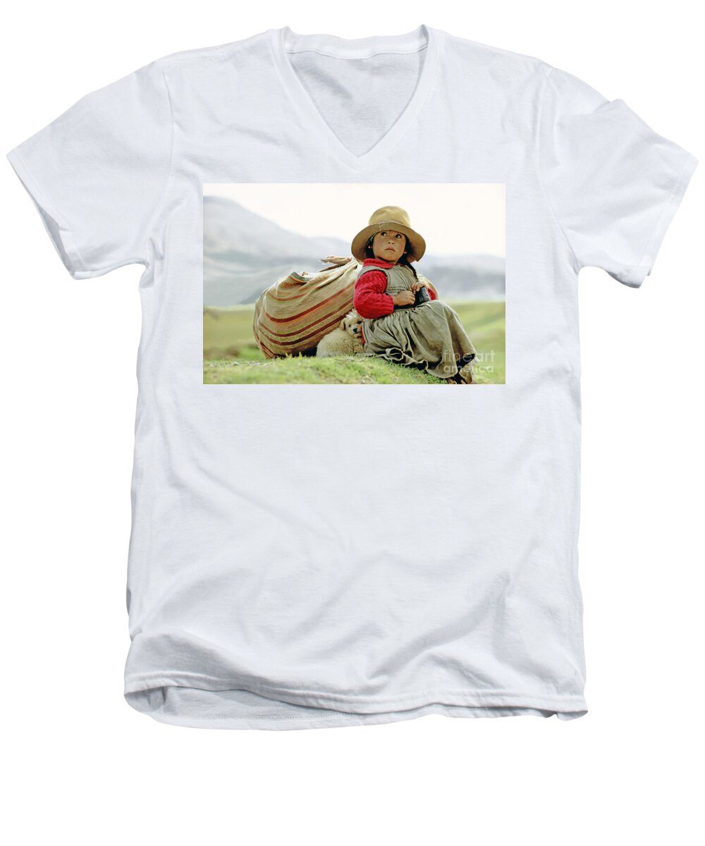 Girl Men's V-Neck T-Shirt featuring the photograph Young Girl in Peru by Victor Englebert